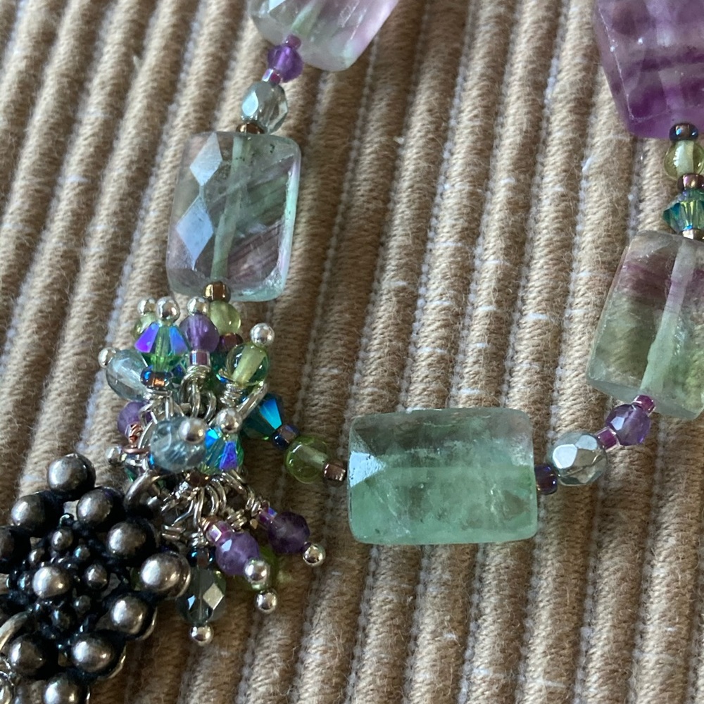 New Fluorite & Swarovski Crystal Necklace Unique Sterling Silver Square …
